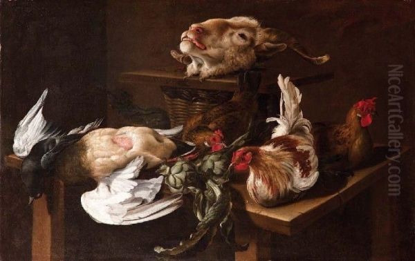 Testa Di Caprone, Galline Carciofi Su Tavolo Oil Painting by Giacomo Legi