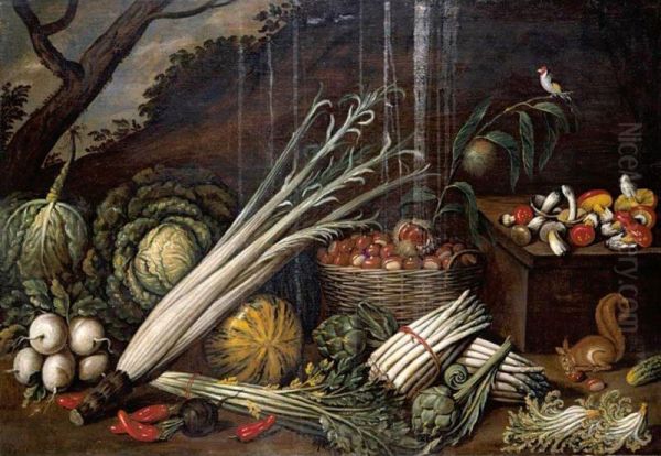 Still Life With Cabbages, Asparagus, A Basket Of Chestnuts, Celery, Mushrooms And Other Vegetables, A Squirrel Eating A Chestnut And A Finch On A Branch, A Landscape Beyond Oil Painting by Giacomo Legi