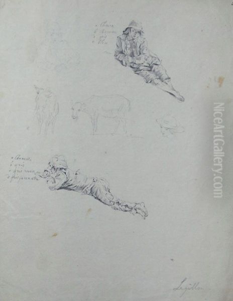 A Sheet Of Studies:two Figures Of Reclining Boys With Faint Sketches Of Sheep And Twoother Figures Oil Painting by Jean-Francois Legillon