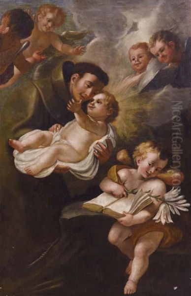 Sant'antonio E Il Bambin Gesu Conangioletti E Cherubini Oil Painting by Stefano Maria Legnani