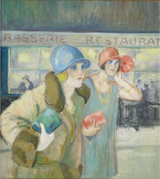 Midinette Devant Un Cafe Oil Painting by Louis Legrand