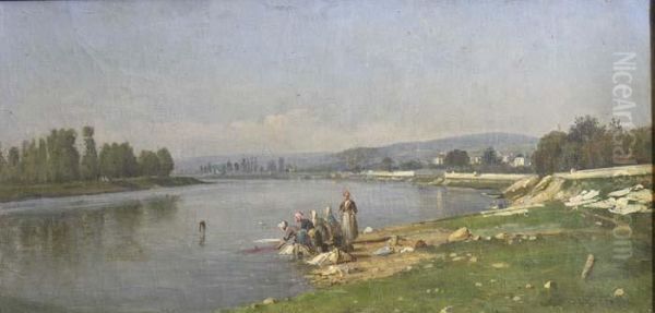 Lavandieres En Bord De Seine Au Trou Du Moulin Pris De Carrieresous Bois Huile Sur Toile Oil Painting by Frederic Legrip