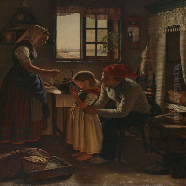 Interior With Afisher Family From Skovshoved Neighbourhood, Denmark Oil Painting by Edvard Lehmann