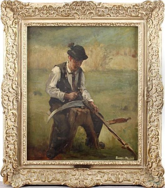 Study Of A Man Repairing A Scythe. Oil Painting by Wilhelm Leibl