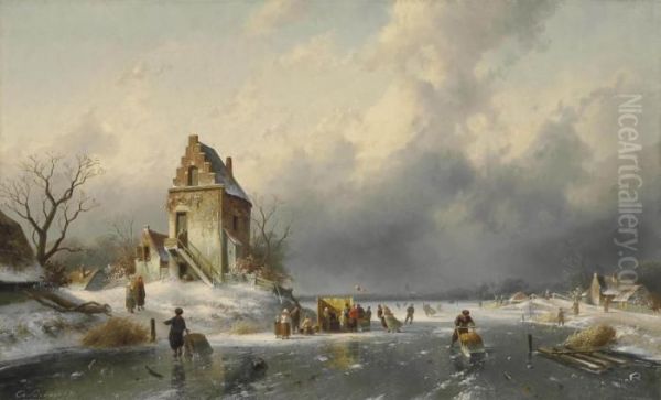 Skaters On A Frozen Lake With A Koek-en-zopie Beyond Oil Painting by Charles Henri Leickert