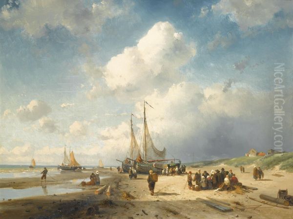 Coastal Scene With Fisherfolk Oil Painting by Charles Henri Leickert