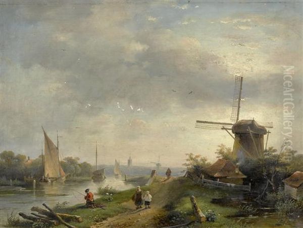 River Landscape With Windmill Oil Painting by Charles Henri Leickert