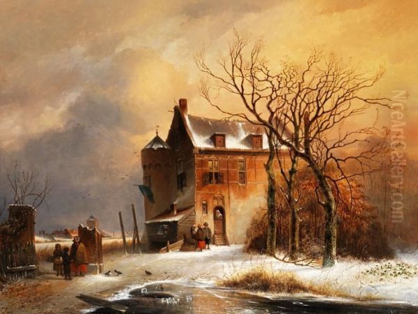 Gebaude Mit Rundturm In Winterlicherlandschaft Mit Figurenstaffage Oil Painting by Charles Henri Leickert