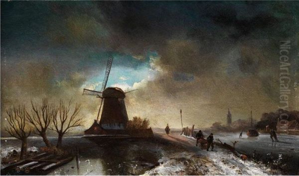 Winterlandschaft Mit Windmuhle Oil Painting by Charles Henri Leickert