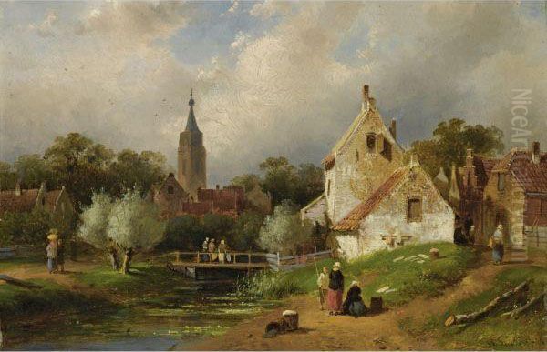 A View Of A Riverside Village In Summer Oil Painting by Charles Henri Leickert