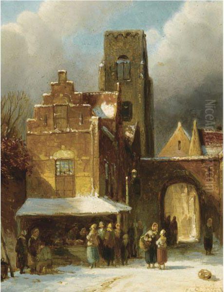 A Busy Day In A Wintry Dutch Town Oil Painting by Charles Henri Leickert