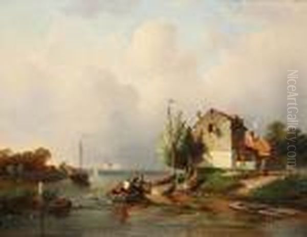 Hollands Rivierlandschap Oil Painting by Charles Henri Leickert