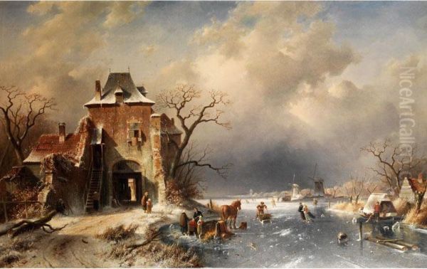 Hollandische Winterlandschaft Mit Schlittschuhlaufern Auf Dem Eis Oil Painting by Charles Henri Leickert