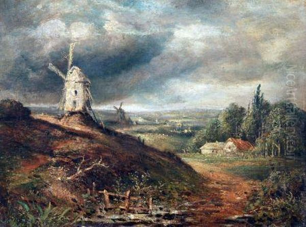 Landscape With Windmills Oil Painting by Charles Henri Leickert