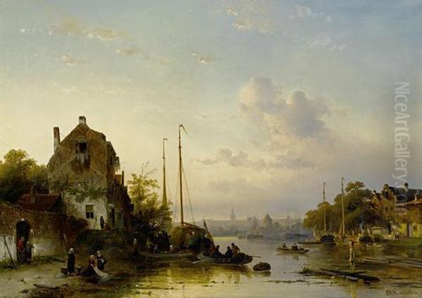 Dutch River Landscape At Sunset Oil Painting by Charles Henri Leickert