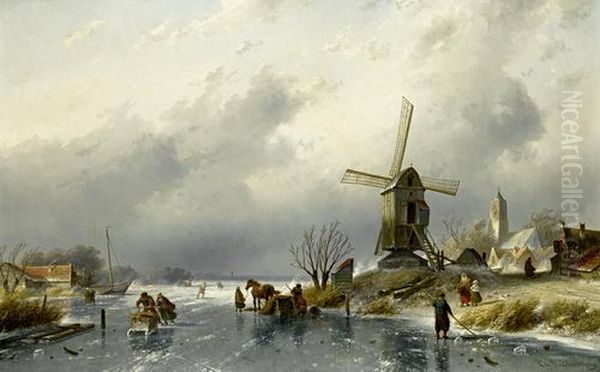 Dutch Village Scene With Figures On A Frozen Canal Oil Painting by Charles Henri Leickert