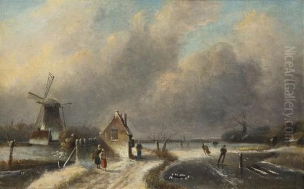 Figures Skating On A Frozen Lake Oil Painting by Charles Henri Leickert