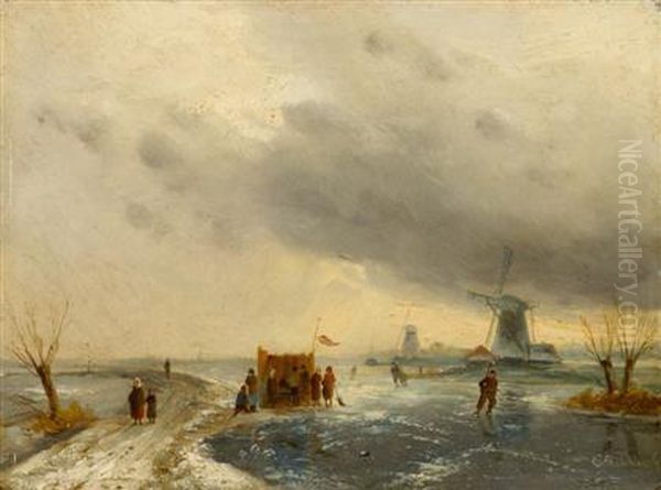 Figures In A Winter Landscape With Windmills Oil Painting by Charles Henri Leickert