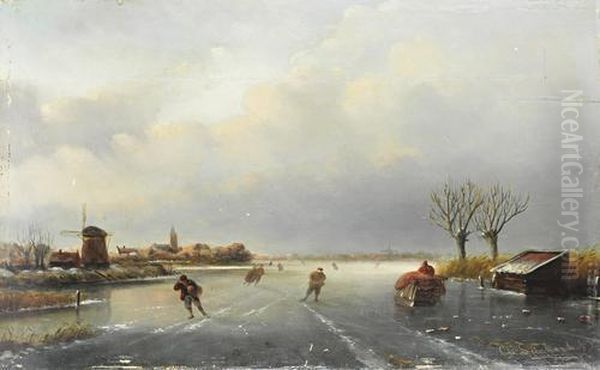 Winter Landscape With Skaters Oil Painting by Charles Henri Leickert