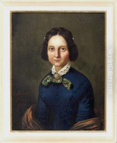 Portrait Einer Jungen, Dunkelhaarigen Dame Im Blauen Kleid, Bruststuck En Face Oil Painting by Joseph Leiendecker