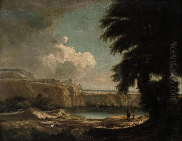 A Wooded Landscape With Shepherds By A Lake, A Castle Beyond Oil Painting by Jared Leigh