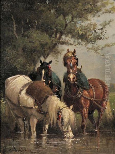 Three Cart Horses Watering At A Stream Oil Painting by Scott Leighton