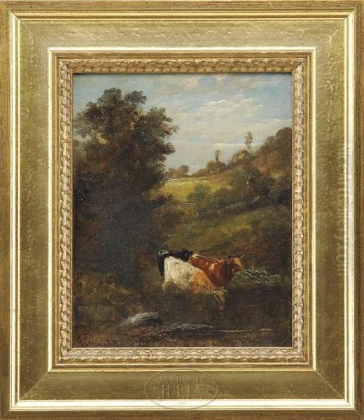 Cows At Hillside Pool Oil Painting by Scott Leighton