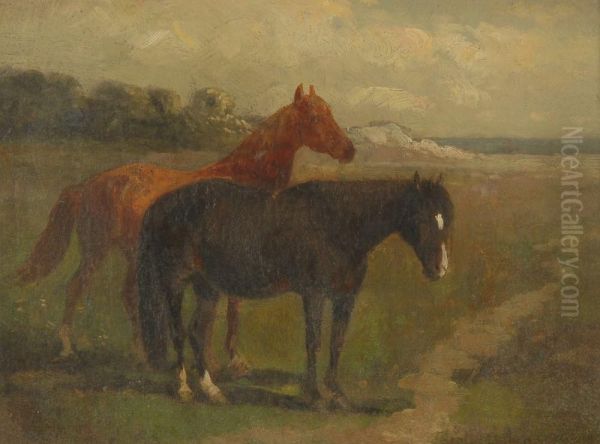 Two Horses By The Seashore Oil Painting by Scott Leighton