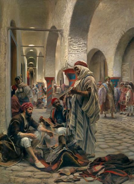 Le Souk Des Etoffes, Tunis. Oil Painting by Anton Robert Leinweber