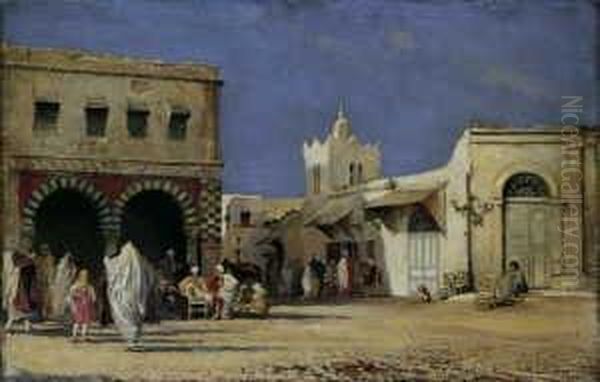 Strassenszene In Tunis. In Der Vorstadt. Oil Painting by Anton Robert Leinweber