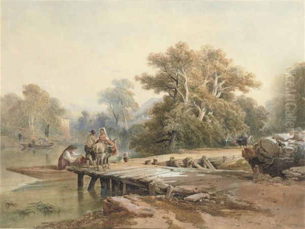 An Italianate Landscape With Figures On A Jetty By A River Oil Painting by Richard Principal Leitch