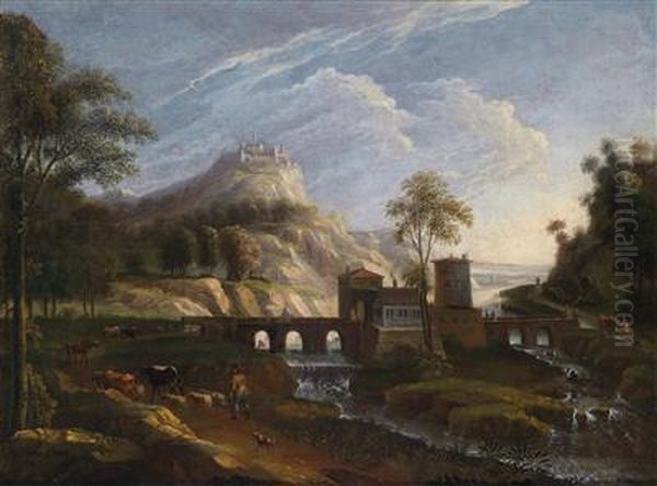 Mountainous River Landscape With An Archedstone Bridge Oil Painting by Ignaz Franz Leithner