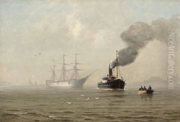 Shiff Im Nebel Auf Der Elbe Im Altona Oil Painting by Heinrich Leitner