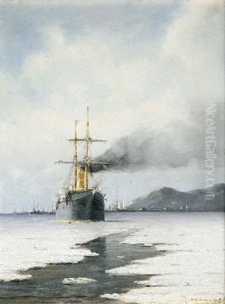 Dampfschiff Im Eismeer Oil Painting by Heinrich Leitner