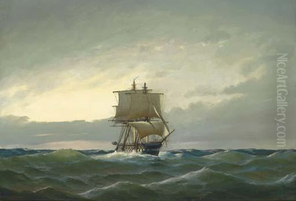 A Frigate In Open Waters In The Evening Light Oil Painting by Heinrich Leitner