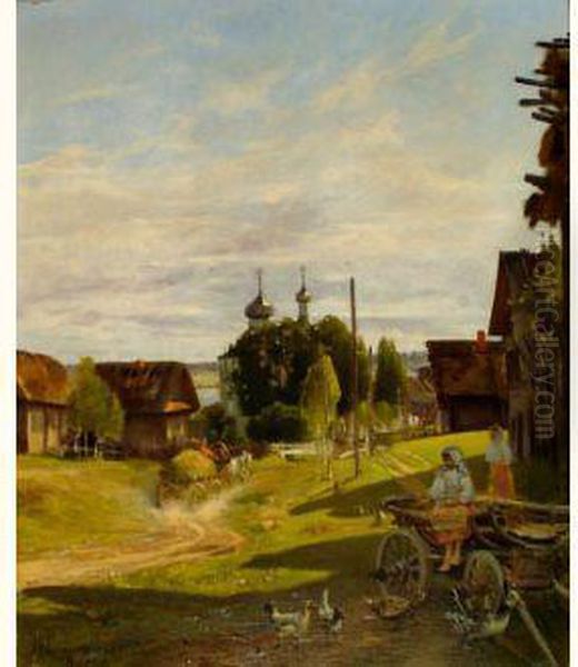 Entree Du Village De Villebelzi Oil Painting by Adolphe Frederic Lejeune