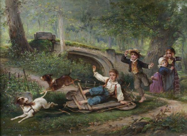 Children And Dogs Playing Oil Painting by Eugene Lejeune