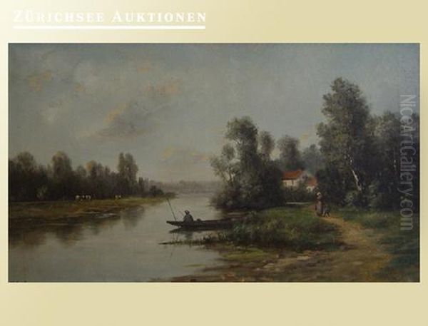 Uferlandschaft Mit Boot, Haus Undfigurenstaffage Oil Painting by Alexandre Felix Leleu