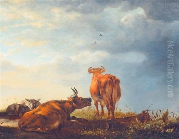 Sheep And Cows On A Meadow Oil Painting by Cornelis van Lelienbergh