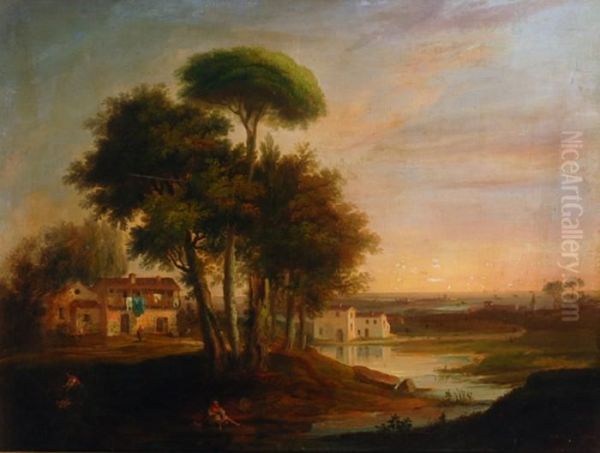 Paesaggio Fluviale Con Cascina Intorno Al Lago Di Varese Oil Painting by Giovan Battista Lelli