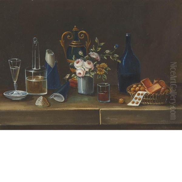 Tabletop Still Life Of Wine, Sugar, Flowers And Fruit On A Ledge Oil Painting by Paul Lelong