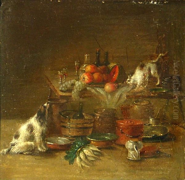 A Still Life In A Kitchen Interior With A Dogand A Cat Oil Painting by Paul Lelong