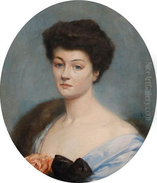 Portrait Of A Lady In Blue Oil Painting by Rene Lelong