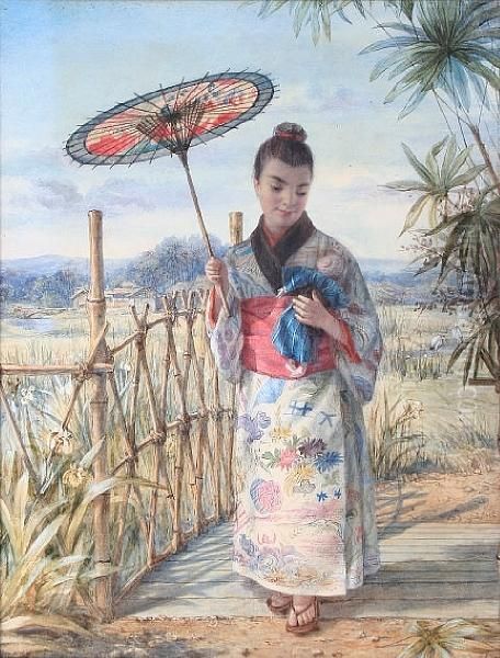 A Japanese Girl In Kimono Crossing Abridge Oil Painting by Alphonse Auguste J. Lemaire