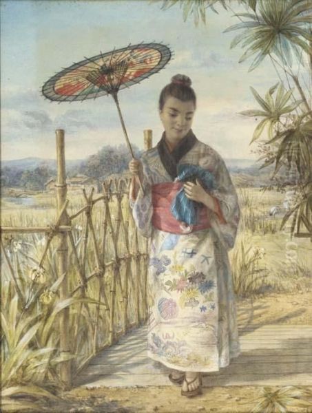 A Japanese Girl Crossing A Bridge, With A Village Beyond Oil Painting by Alphonse Auguste J. Lemaire