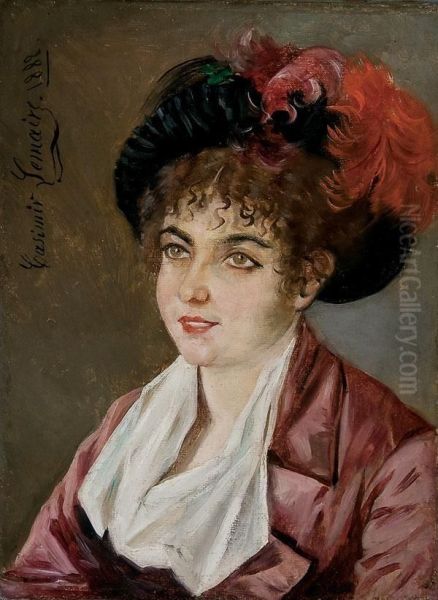 Woman With Feathered Hat Oil Painting by Casimir Lemaire