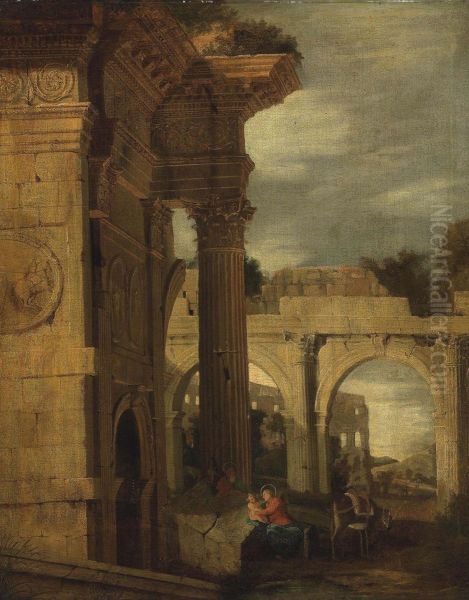 An Architectural Capriccio Of Roman Ruins, With The Rest On The Flight To Egypt Oil Painting by Jean Lemaire