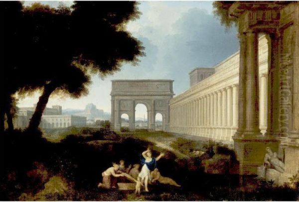 Classical Figures In An Architectural Landscape Oil Painting by Jean Lemaire