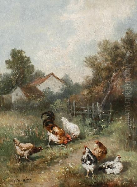 Chickens On A Country Path Oil Painting by Louis Marie Lemaire