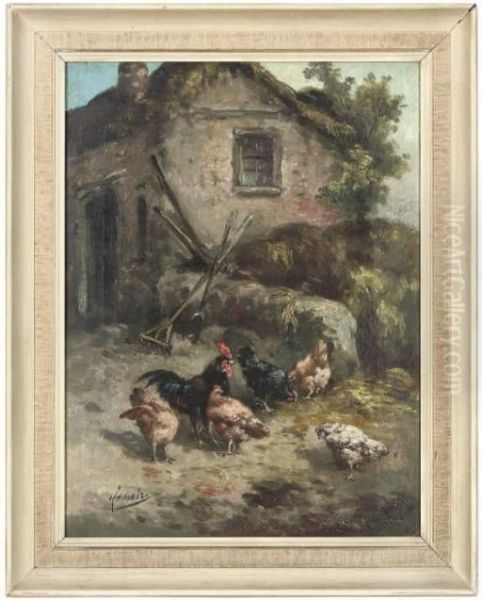 Chickens In A Farmyard Oil Painting by Louis Marie Lemaire